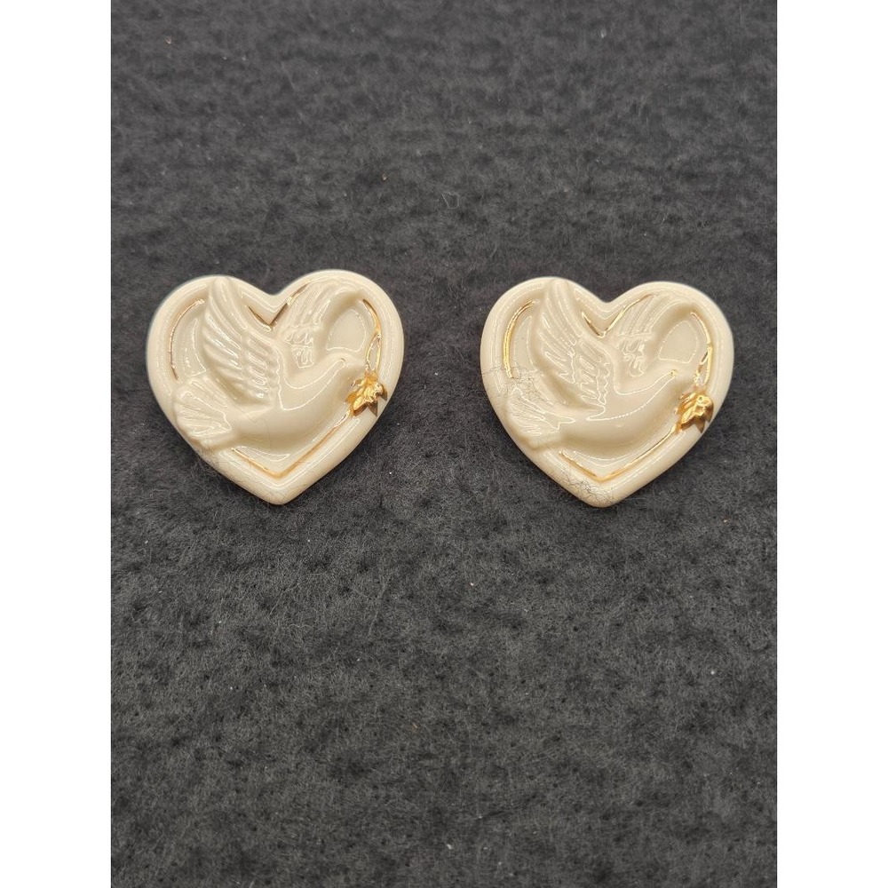 Lenox Signed Ivory Porcelain Heart Dove Brooch Pin Gold Tone Trim Lot Of 2